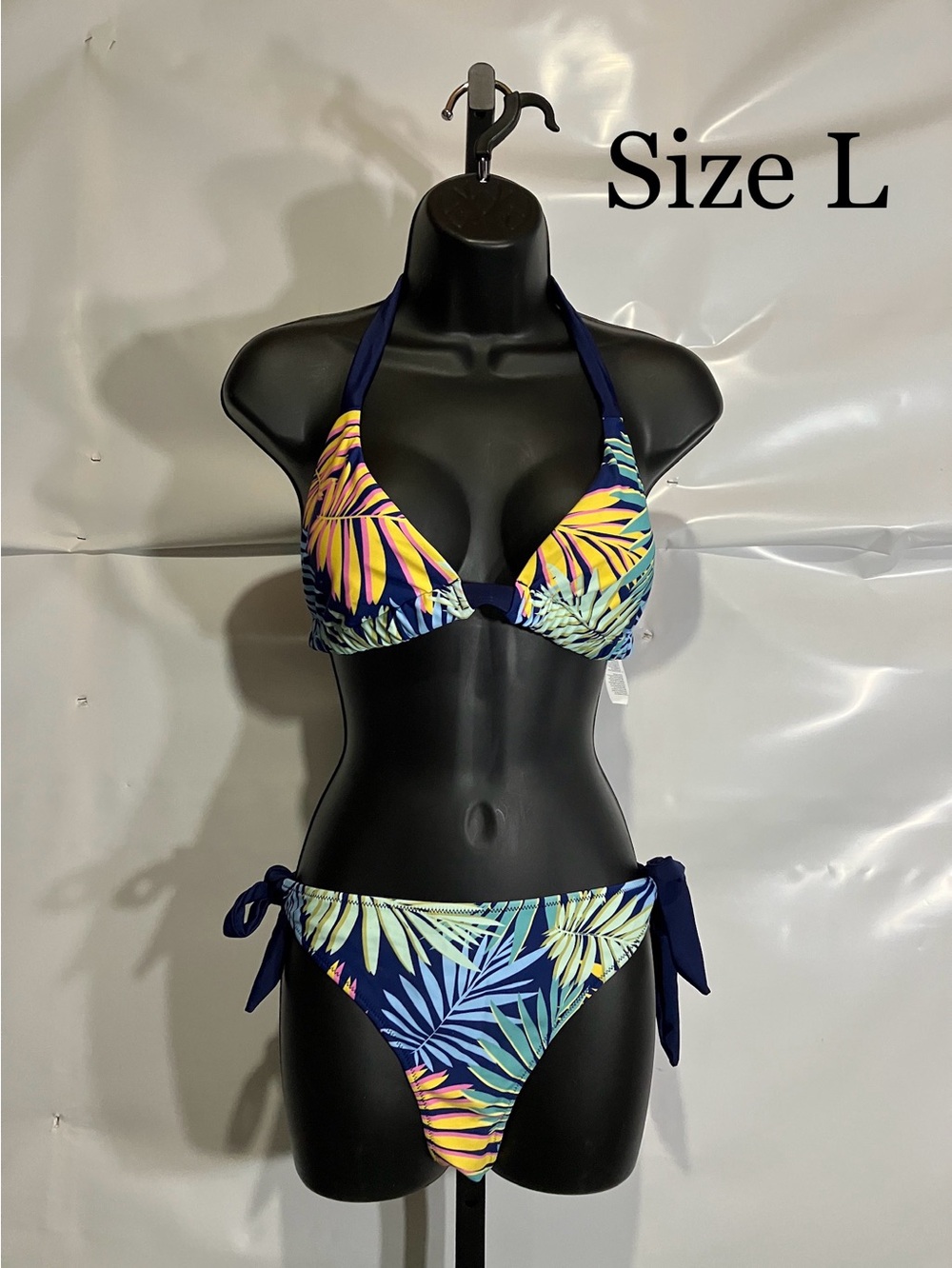 Women’s Navy Tropical Leaf Tie-Side Bikini Swimsuit Size Large